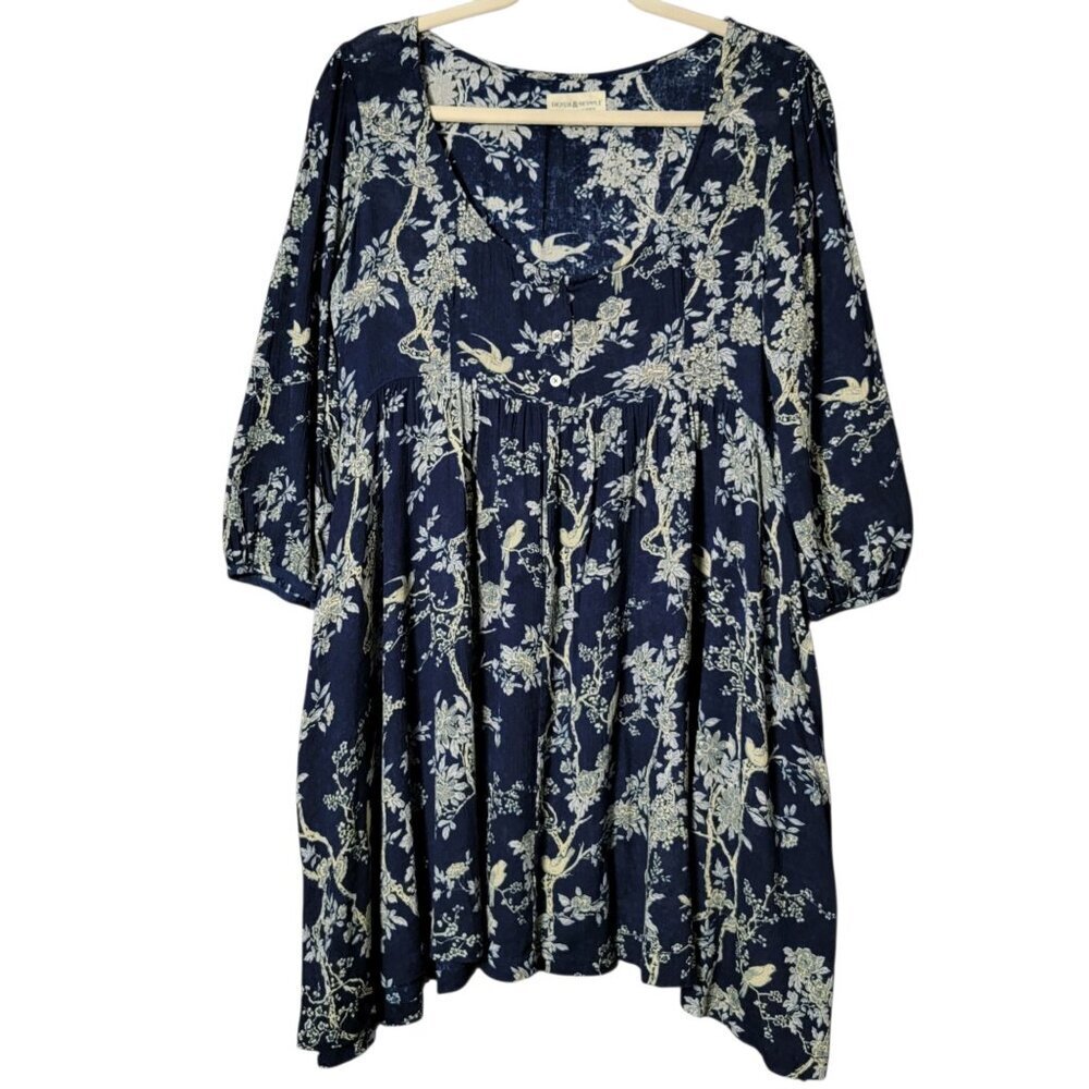 Denim & Supply Ralph Lauren Blue Gauze Floral Bird Print Babydoll Dress Small